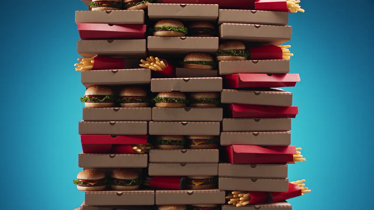 A CHEAT can breaking through a wall of pizza, burgers and fries; the film advances as you scroll