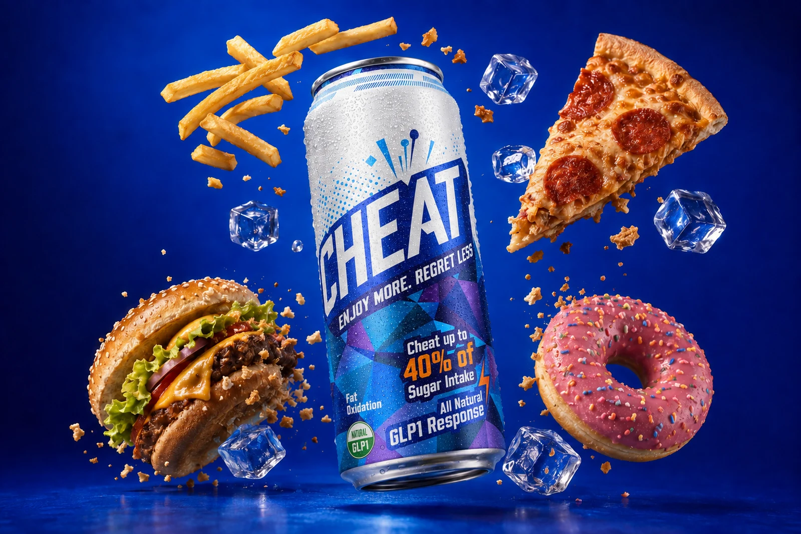 An ice-cold CHEAT can surrounded by pizza, a burger, fries and a doughnut on electric blue