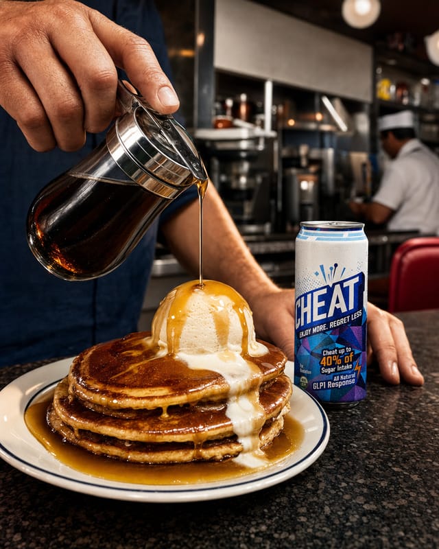 A stack of pancakes with syrup pouring, ice cream melting on top, diner counter