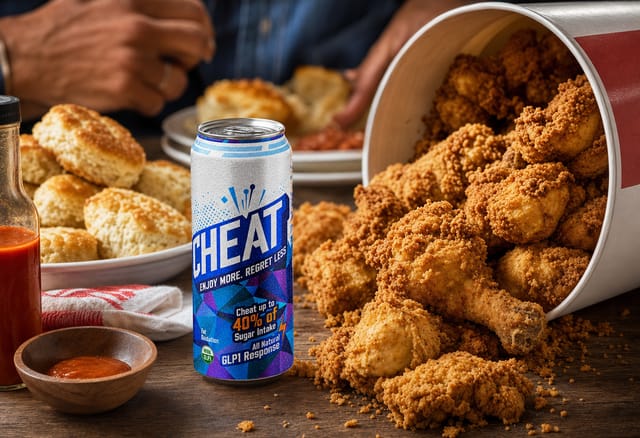 A bucket of fried chicken tipped over on a table, pieces spilling, biscuits, hot sauce