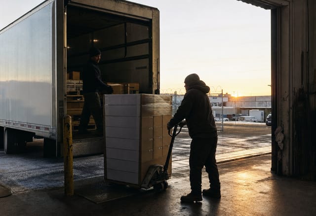 A loading dock at dawn, delivery truck with open door, hand truck stacked with cardboard cases