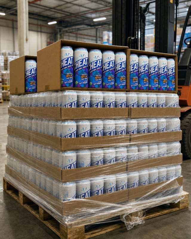 A shrink-wrapped pallet of cardboard beverage cases in a warehouse, forklift in the background, concrete floor, high ceilings