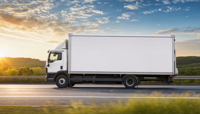 A white delivery truck side view on a highway at sunrise, blank side panel, motion