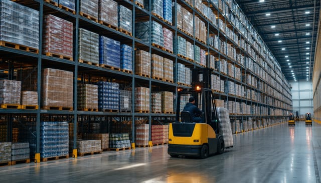 A vast distribution warehouse with endless racking full of shrink-wrapped pallets, forklifts, cinematic wide