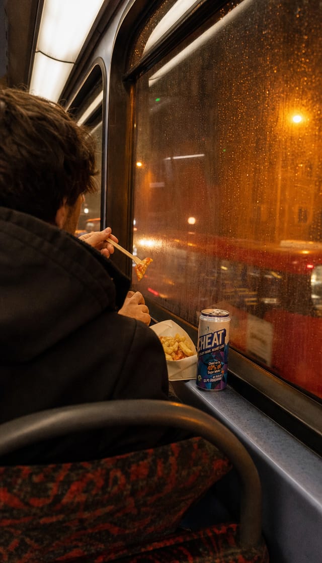 Upper deck of a London night bus, rain-streaked window, a person eating chips from paper, orange street light