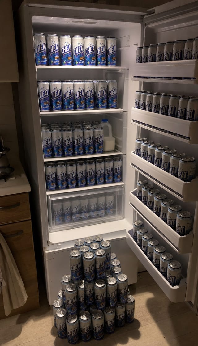 A home fridge door wide open at night, every shelf and door rack crammed with cans, a milk carton shoved aside, more cans stacked on the flo