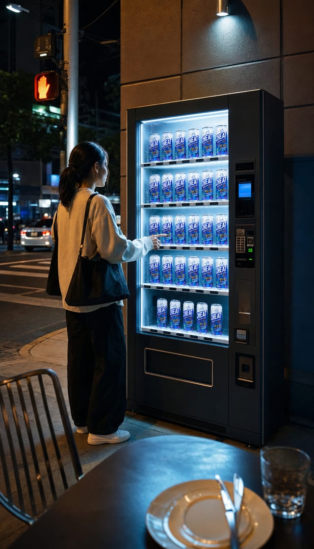 A modern beverage vending machine with a glass front and lit product rows, on a street corner at night