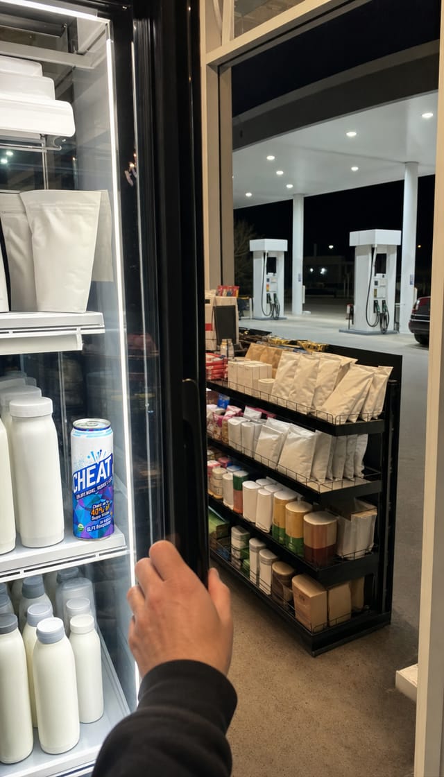 Australian petrol station shop at night, fridge doors glowing, snack aisle, plain white fuel pumps and a plain white unbranded canopy with n